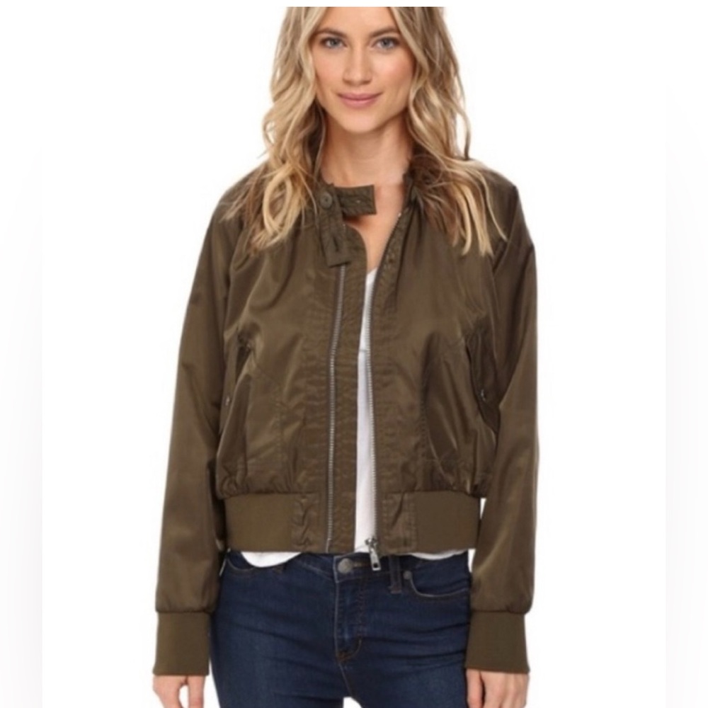Free People Olive Green Satin Bomber Jacket | Zip Front | Size S (Fits M)